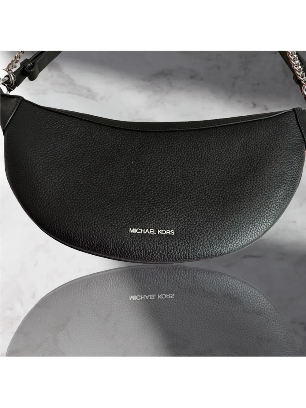 Michael Kors Black and White MK Monogram Crescent Shoulder Bag